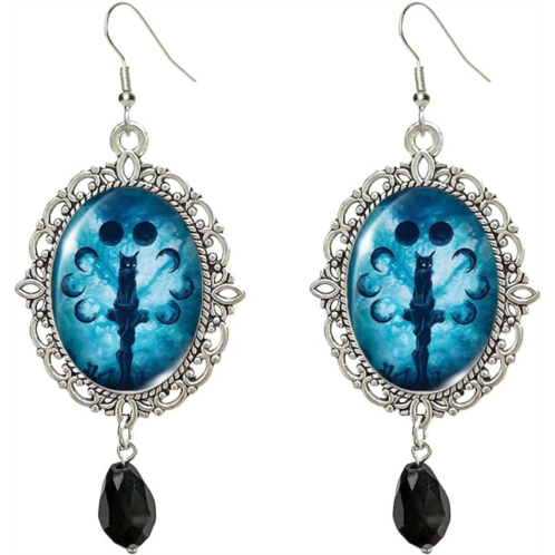 Gothic Black Cat Cameo Earrings Vintage Punk Crystal Glass Cat Silver Finish Frame Dangle Earring with Black Bead Goth Victorian Mystery Earrings Halloween Jewelry for Women