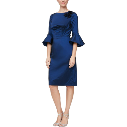 Womens Alex Evenings Short Sheath Dress w/Shoulder Floral Detail & Bell Sleeves