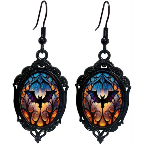 Gothic Bat Witch Cameo Earrings Vintage Crystal Glass Dangle Earring Dark Goth Vampire Earrings Punk Rock Style Animal Earring Halloween Mystery Witch Costumes Jewelry for Women