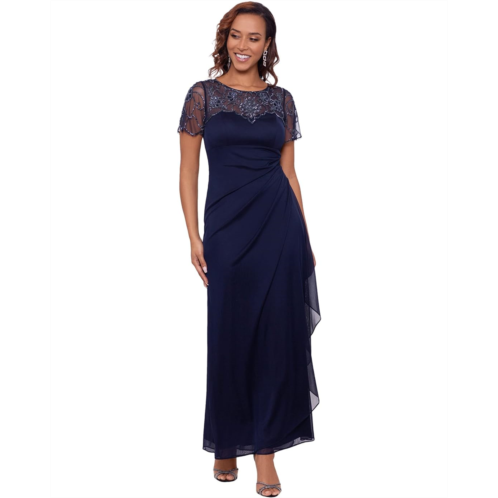 Womens XSCAPE Long Sheer Matte Jersey Side Ruched Bead Flutter Sleeve