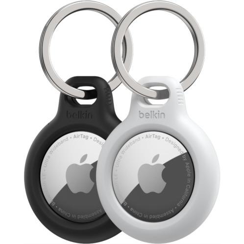 Belkin AirTag Secure Holder Case - Durable Scratch Resistant with Key Ring - Protective AirTag Accessory For Keys Pets Luggage - 2-Pack Black & White