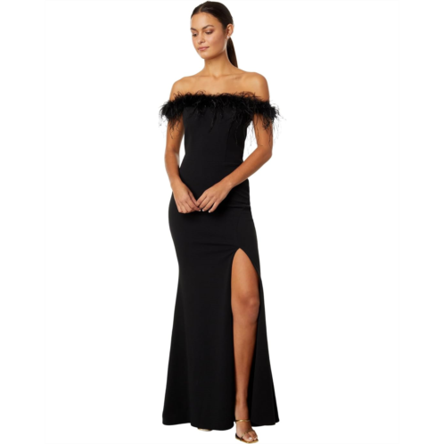 XSCAPE Off-the-Shoulder Long Scuba Crepe Feathers