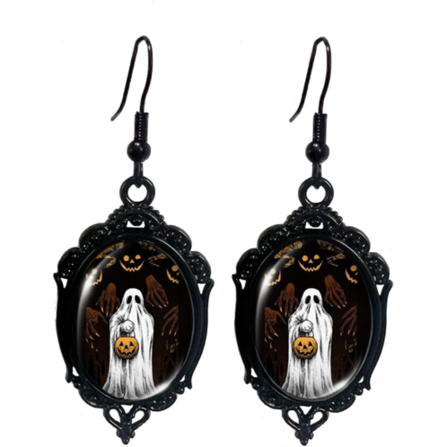 Gothic Halloween Earring for Women Ghost Pumpkin Skull Mystery Witch Earrings Black Spooky Lace Oval Glass Dangle Drop Earrings Festival Jewelry Gift