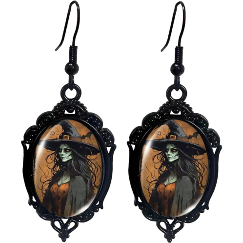 Gothic Halloween Earrings for Women Glass Witch Dangle Earring Victorian Design Cameo Earring Punk Style Mystery Earrings Vintage Witch Raven Tree Dark Goth Halloween Jewelry