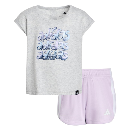 adidas Kids Back Pleated Heather Tee Mesh Short Set (Toddler/Little Kids)
