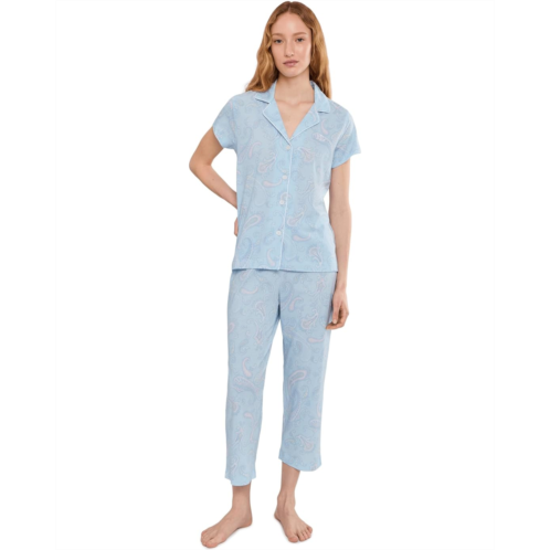 POLO Ralph Lauren Womens Lauren Ralph Lauren Knit Short Sleeve Notch Collar Cropped Pants Pajama Set