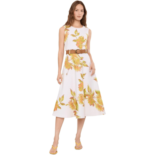 Womens Calvin Klein Sleeveless Belted Floral Scuba A-Line Midi