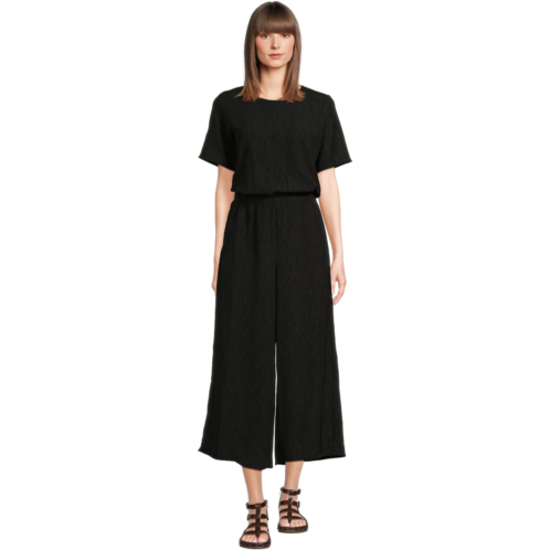 Eileen Fisher Woven Plisse Round Neck Wide Jumpsuit