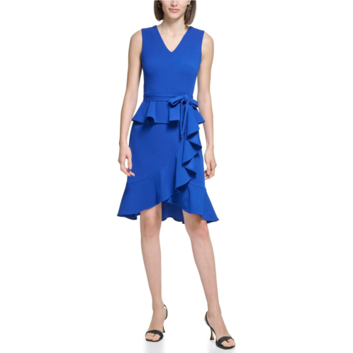 Calvin Klein Scuba Crepe V-Neck Dress with Ruffle Skirt