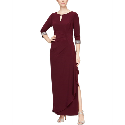 Alex Evenings Long A-Line Dress with Embellished Sleeves and Neckline
