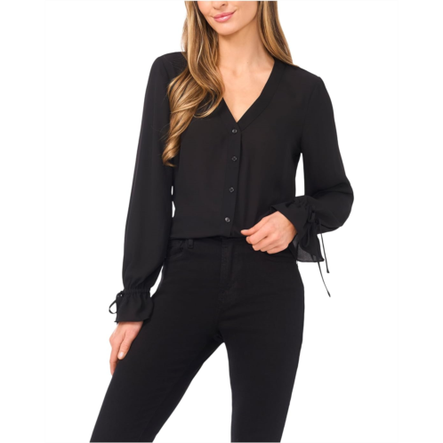 CeCe V-Neck Button Front Long Sleeve Top
