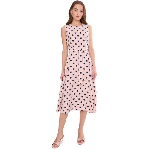 Calvin Klein Sleeveless Dot Crepe Polka Dot Self Tie Midi Aline