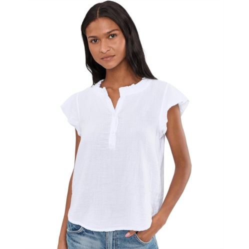Mod-o-doc Gauze Flutter Cap Sleeve Ruffle Neck Henley Shirt