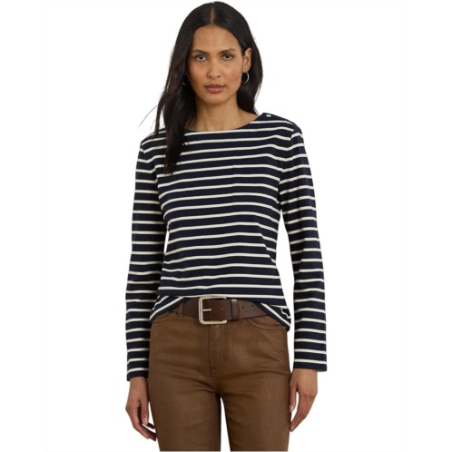 POLO RALPH LAUREN Womens Lauren Ralph Lauren Petite Striped Jersey Snap-Trim Boatneck Top