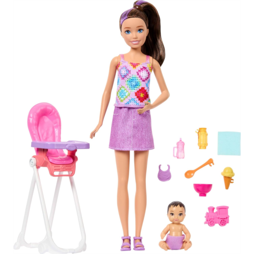 Barbie Skipper Babysitters Inc. Playset with Brunette Ponytail Doll Brunette Toddler Doll High Chair & 8 Accessories Including Food