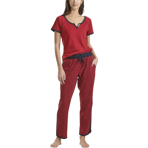 Womens Tommy Hilfiger Short Sleeve Tshirt and Logo Pant Lounge Bottom Pajama Set Pj