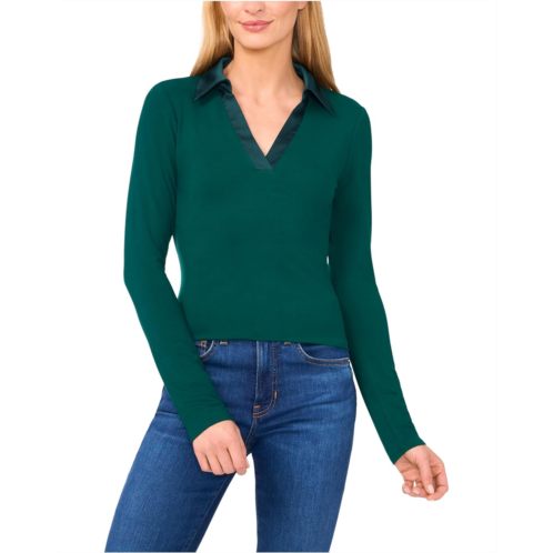 CeCe Woven Collar Long Sleeve Knit Top