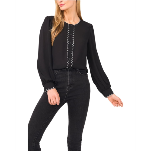 CeCe Long Sleeve Button Down Contrast Scalloped Top