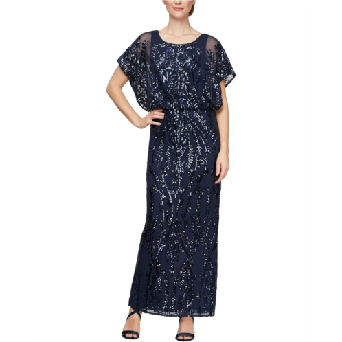 Alex Evenings Long Blouson Column Dress with Flutter Sleeves