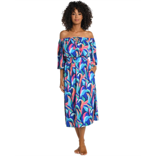 La Blanca Painted Leaves Off-the-Shoulder Midi Dress