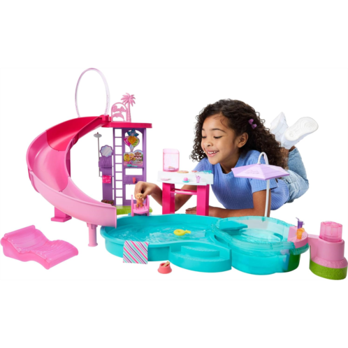 Barbie Dream Pool Playset with 6 Play Areas Including Slide & Bubbling Hot Tub Plus 20 Accessories Like Pet Floaties & More
