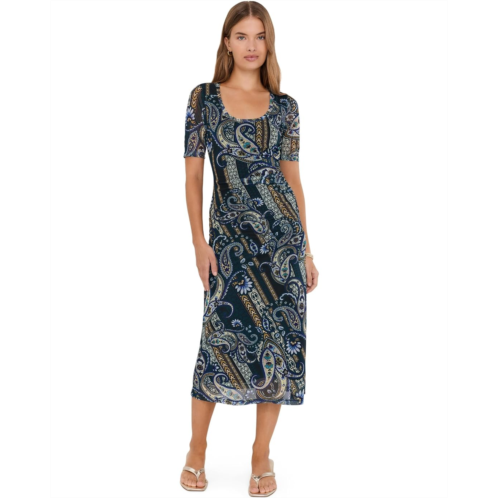 Johnny Was Scoop Neck Ruched Front Mesh Midi Dress