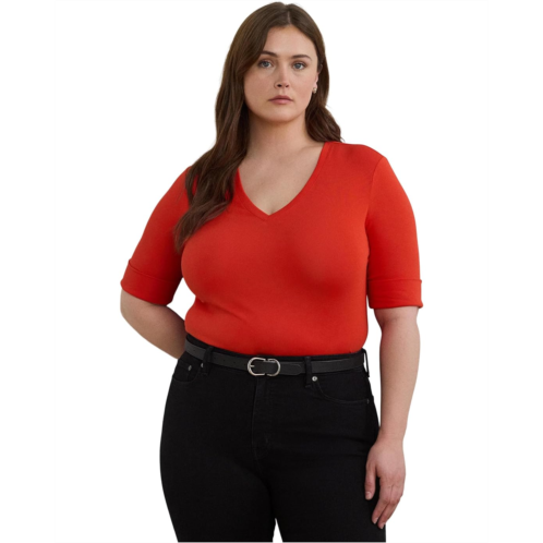 POLO RALPH LAUREN Womens Lauren Ralph Lauren Plus Size Stretch Cotton Elbow-Sleeve V-Neck Tee