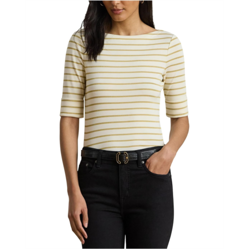POLO Ralph Lauren Womens Lauren Ralph Lauren Petite Metallic Striped Boatneck Tee