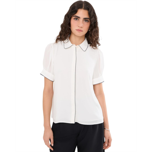 CeCe Collared Contrast Stitch Trim Button Up Top