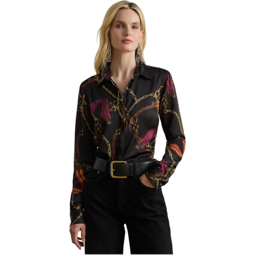 POLO Ralph Lauren Womens Lauren Ralph Lauren Classic Fit Belting-Print Satin Shirt