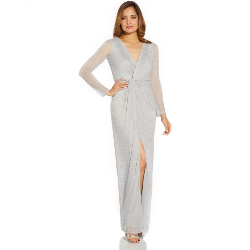 Adrianna Papell Long Sleeve Metallic Mesh Long Mother-of-the-Bride Gown