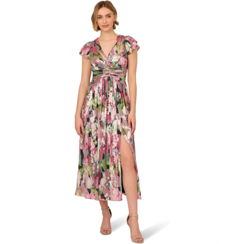 Adrianna Papell Floral Metallic Crinkle Gown
