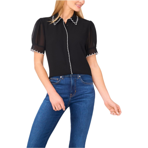 CeCe Short Sleeve Scallop Contrast Trim Button Up Top