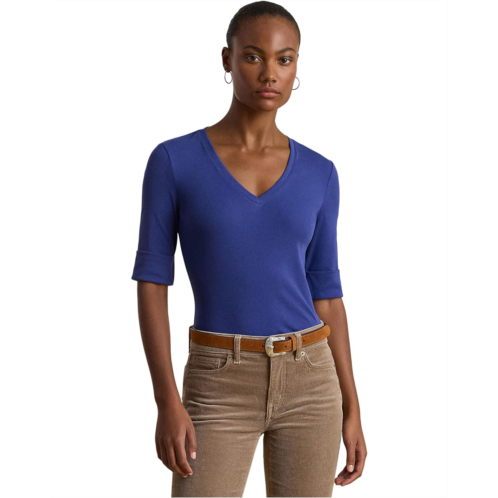 POLO RALPH LAUREN Womens Lauren Ralph Lauren Stretch Cotton Elbow-Sleeve V-Neck Tee