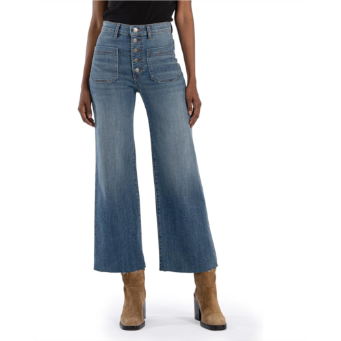 KUT from the Kloth Petite Meg High-Rise Wide Leg Exposed Button Raw Hem Patch Pockets in Prevent