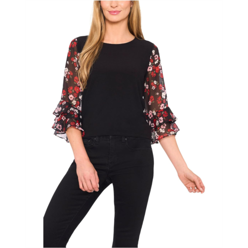 CeCe Double Ruffle Mixed Media Knit Top