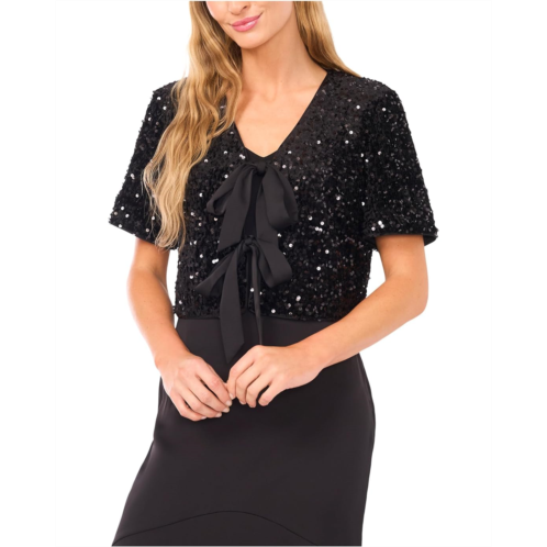 Womens CeCe Velvet Sequin Short Sleeve Bow Front Top
