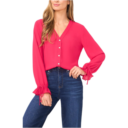 CeCe V-Neck Button Front Long Sleeve Top