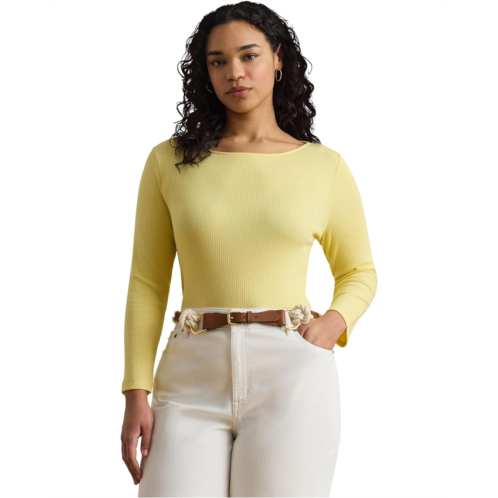 POLO Ralph Lauren Womens Lauren Ralph Lauren Plus Size Rib-Knit Cotton-Blend Boatneck Tee