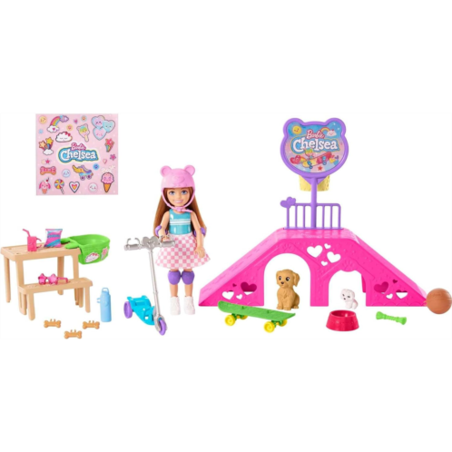 Barbie Chelsea Doll & Skate Park Playset with 2 Puppies Skate Ramp Scooter & 15 Accessories Brunette Small Doll with Blue Eyes