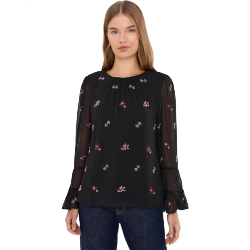 Womens CeCe Beaded Long Sleeve Double Ruffle Cuff with Shirred Neck