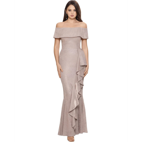Betsy & Adam Off-the-Shoulder Glitter Gown