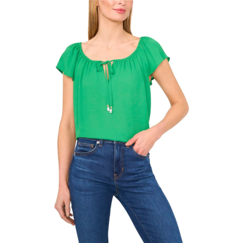 CeCe Center Front Tie Round Neckline Flutter Sleeve Top