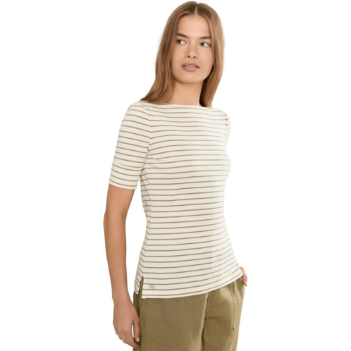 POLO Ralph Lauren Womens Lauren Ralph Lauren Petite Striped Stretch Cotton Boatneck Tee