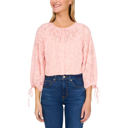 CeCe Button Up Top W/ Puff Sleeves & Front Tie