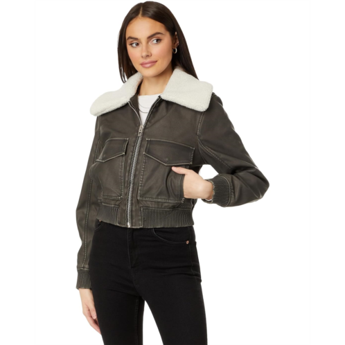 Womens Blank NYC Leather Bomber with Sherpa Collar