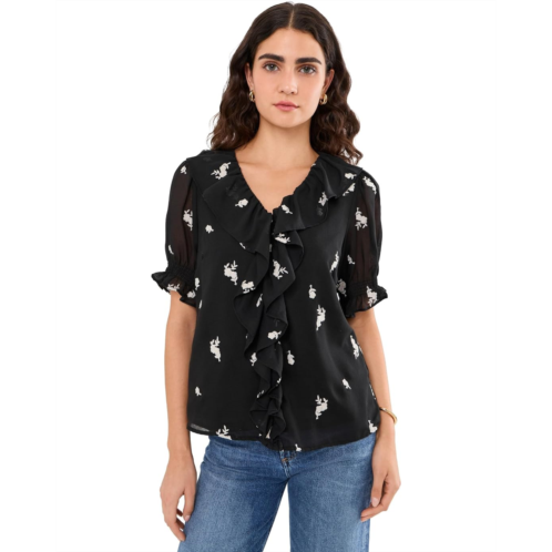 CeCe Embrodiery Linen Ruffled Pintuck Elbow Sleeve Top