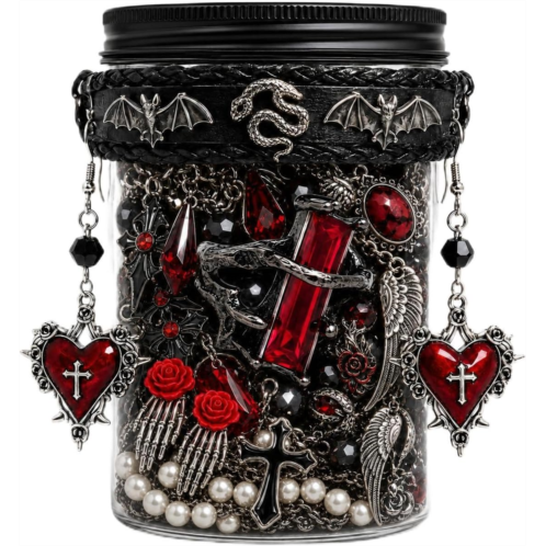Mystery Gothic Jewelry Jar 55-65 Piece Vintage Jewelry Blind Box with Necklaces Earrings Rings Bracelets Keychains Stickers and Piercing Accessories Halloween Birthday Chris