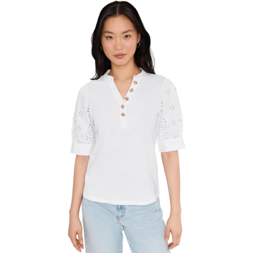 CeCe Elbow Puff Sleeve Mixed Media Lace Top
