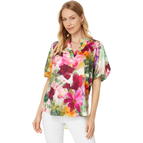 Vince Camuto Crew Neck Short Puff Sleeve Top With Neck Placket